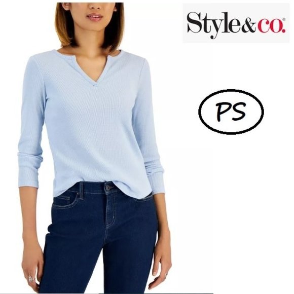NWT Macy's STYLE & CO PETITE WAFFLE-KNIT SPLIT NECK TOP Petite Small - Picture 1 of 1